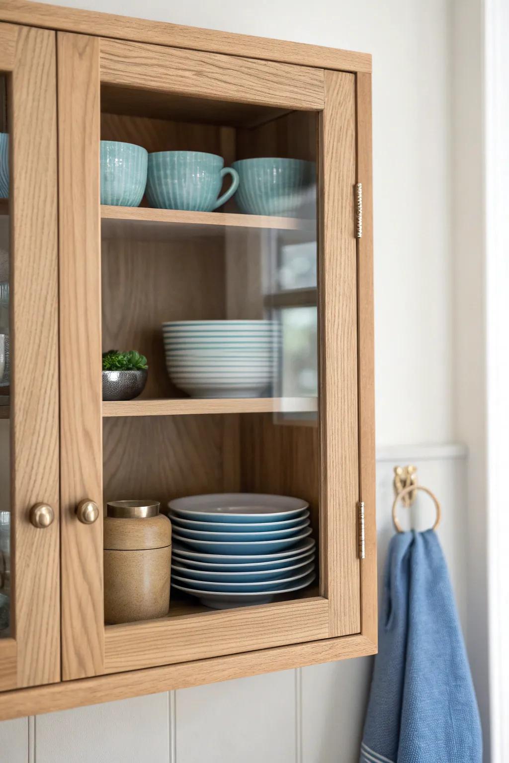 Airy glass-front top cabinet insert to fill the gap—perfect for special-occasion dishes.