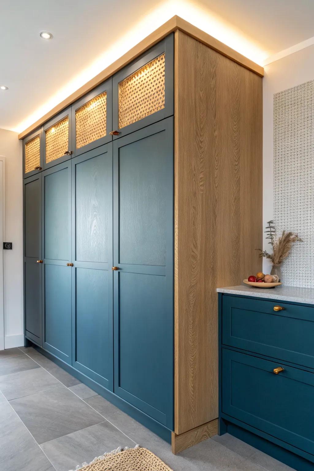 Hidden LED glow turns ceiling-high cabinets into a soft, luxe feature—even in tiny kitchens.