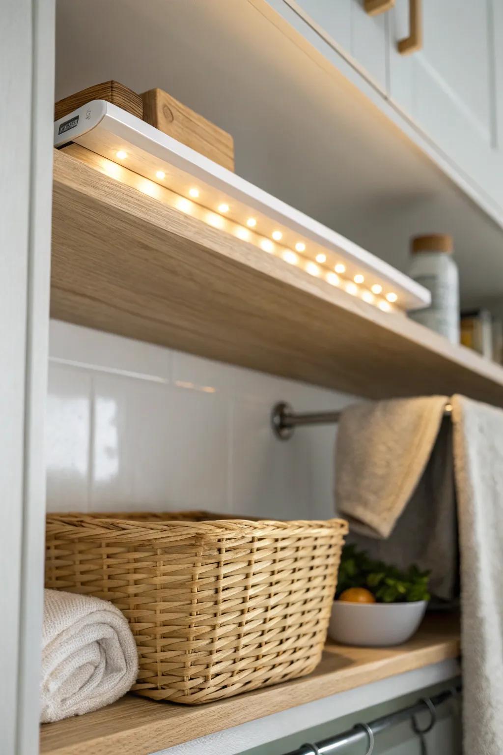 A slim motion-sensor light bar turns a dark kitchen closet into an effortless, organized glow.