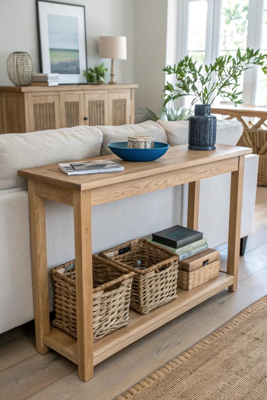 A slim console behind the sofa divides the kitchen and hides clutter with baskets—beautifully.