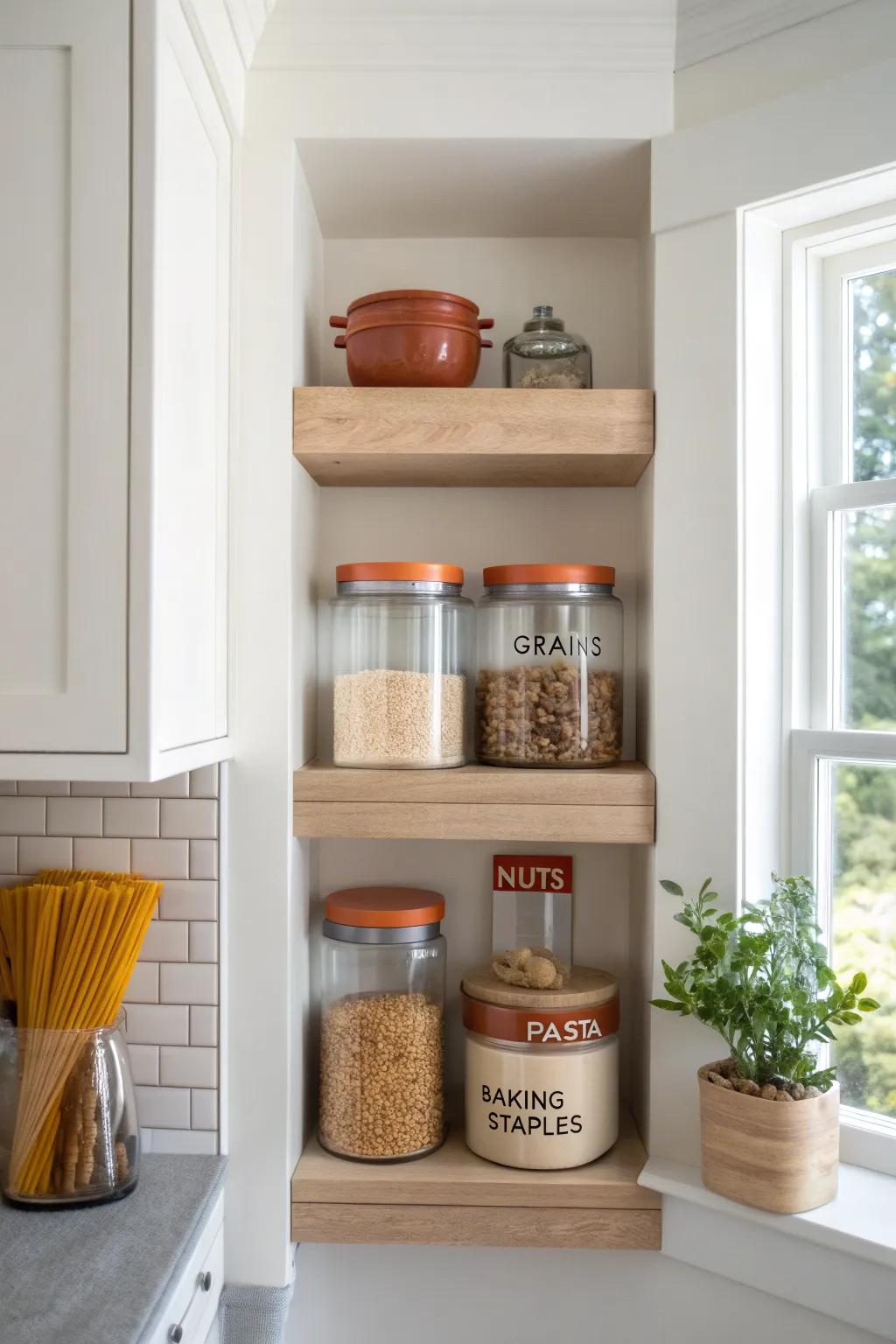 A pantry-style niche with clear jars turns tiny kitchens into calm, organized storage.