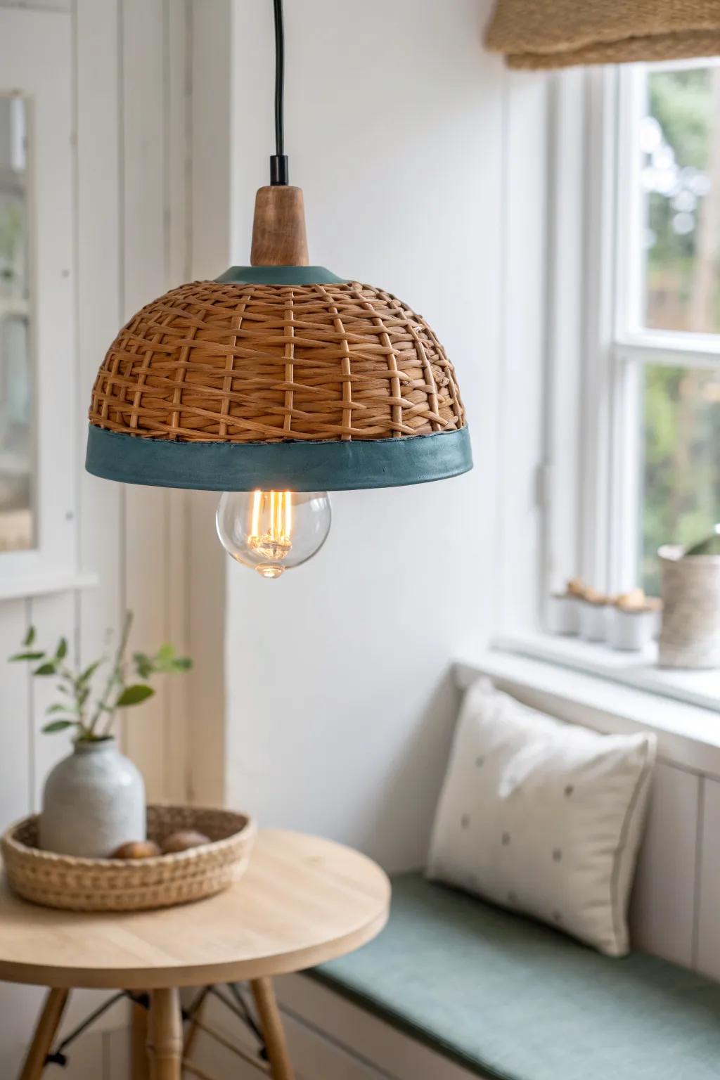 A bold, handcrafted pendant turns even the tiniest breakfast nook into a destination spot.