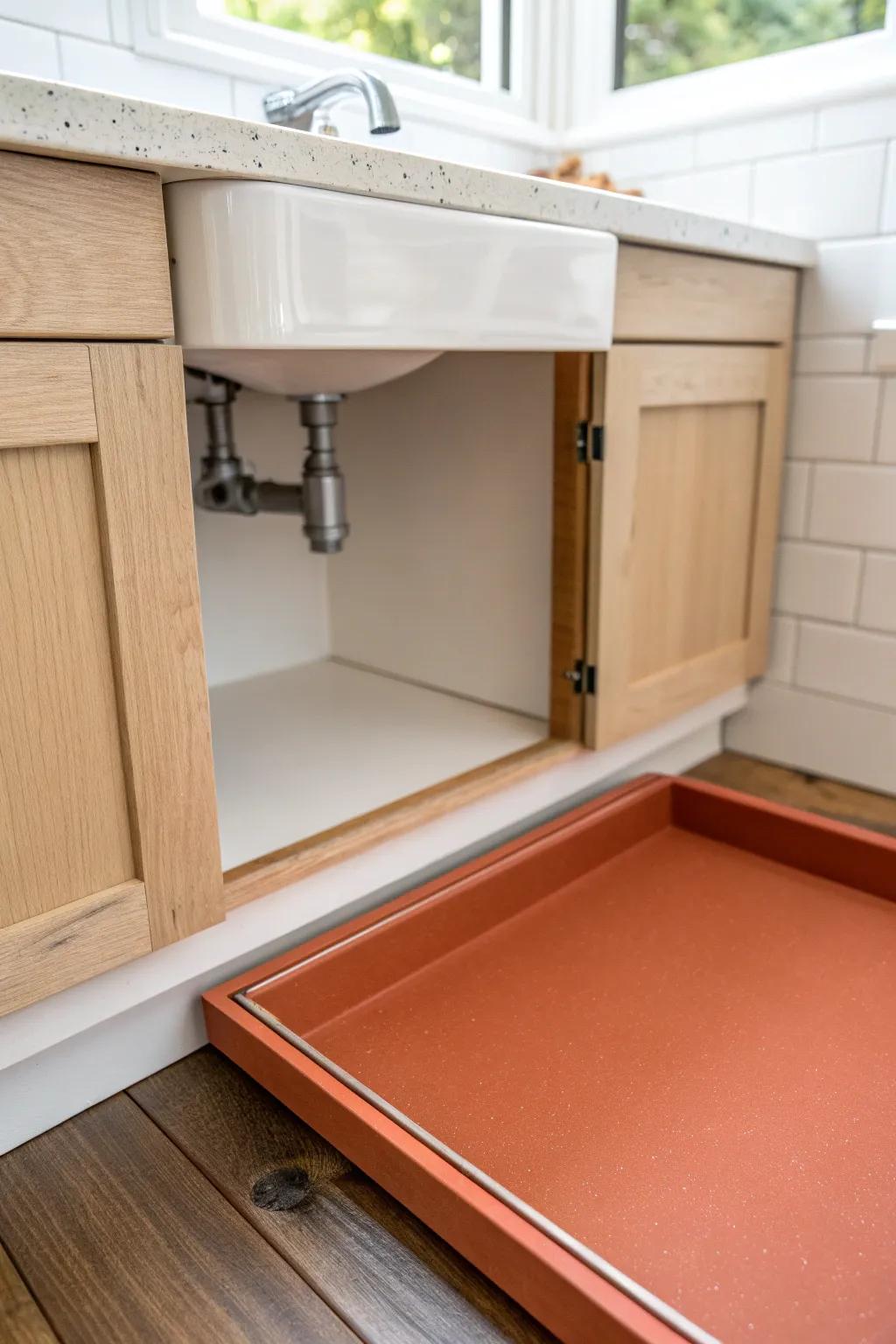Cut-to-fit waterproof liner: the chic way to keep your under-sink cabinet spotless and wipeable.