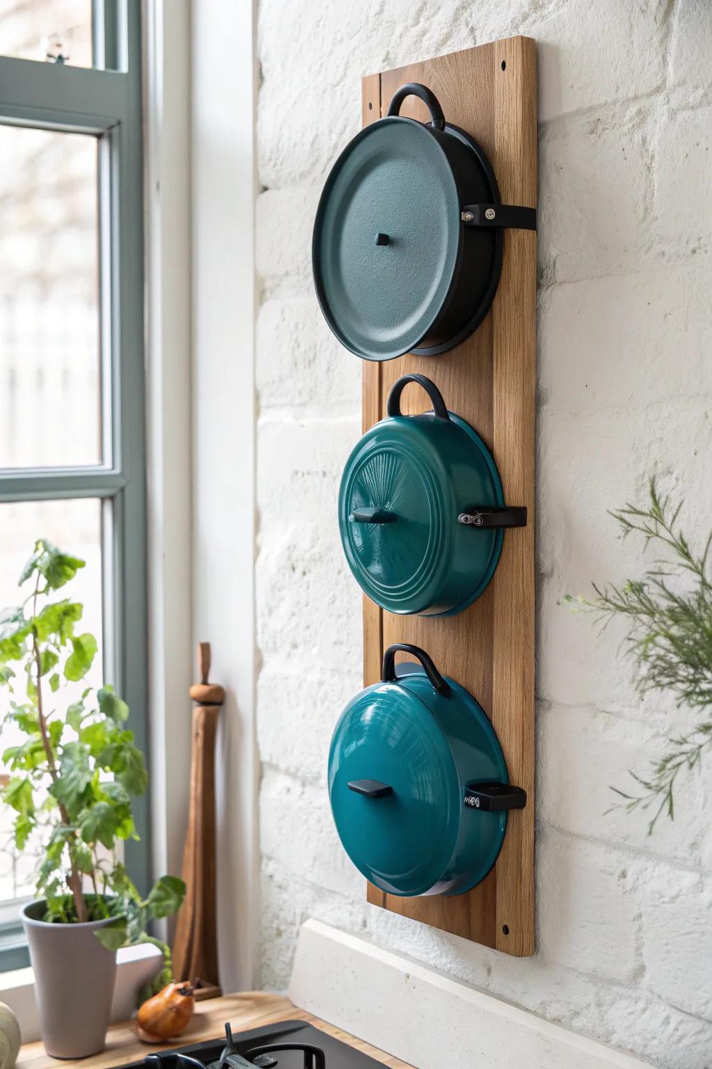 Wall-mounted vertical pot-lid storage: calm, quiet, and space-saving right by the stove.