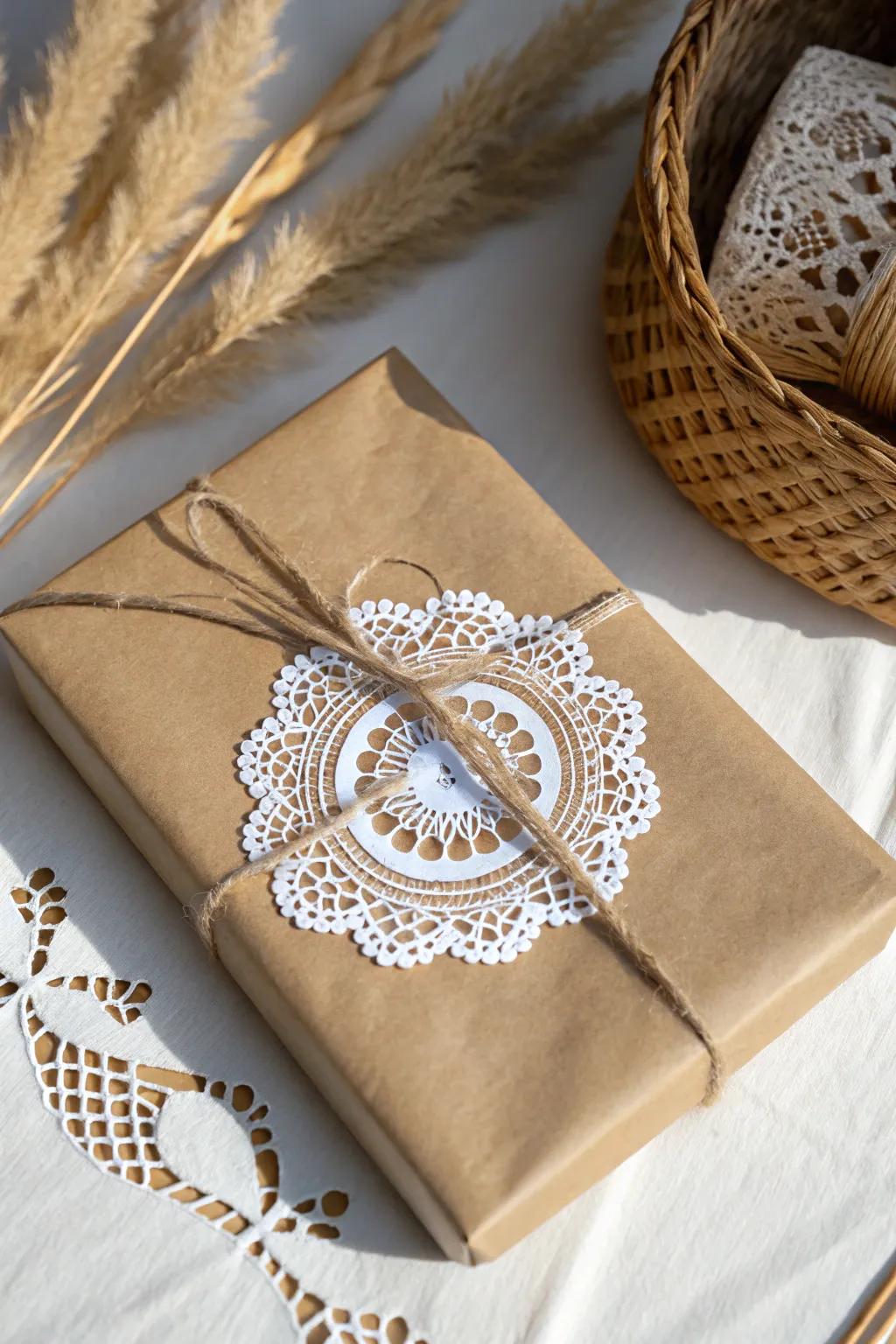 Elevate your gift wrapping with the timeless elegance of delicate doilies on kraft paper.