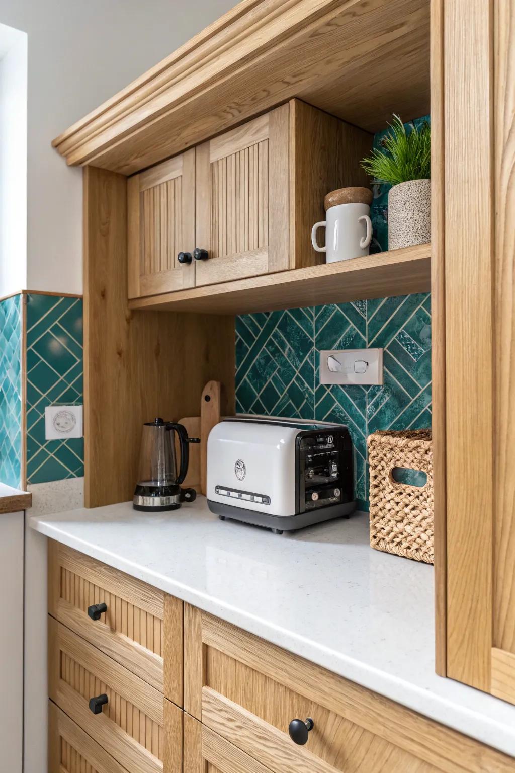 Tuck toaster and blender into an appliance garage for a clean, roomy L-shaped counter.