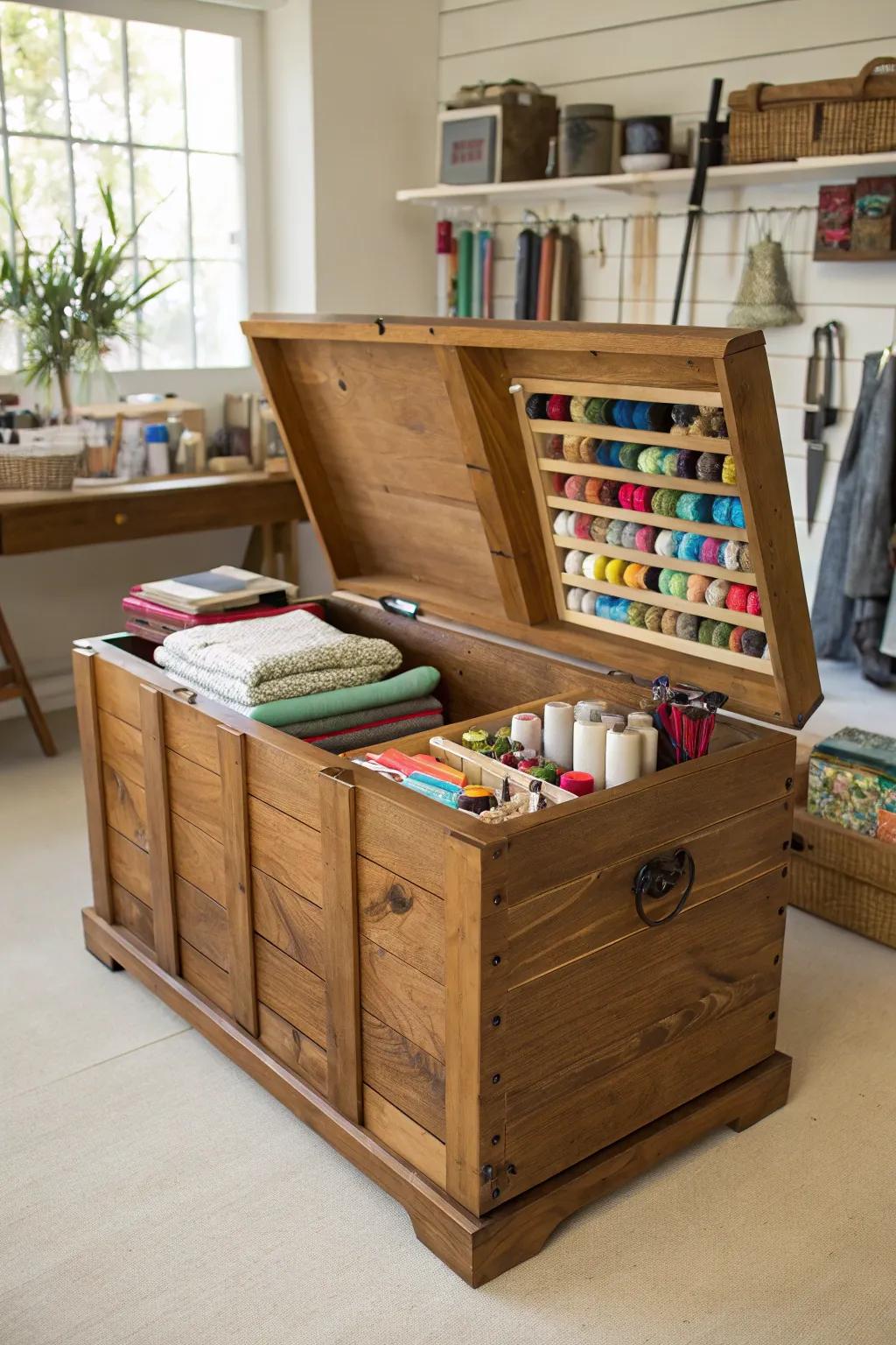 Transform your craft station into a masterpiece of organization with this beautifully crafted wooden crate.