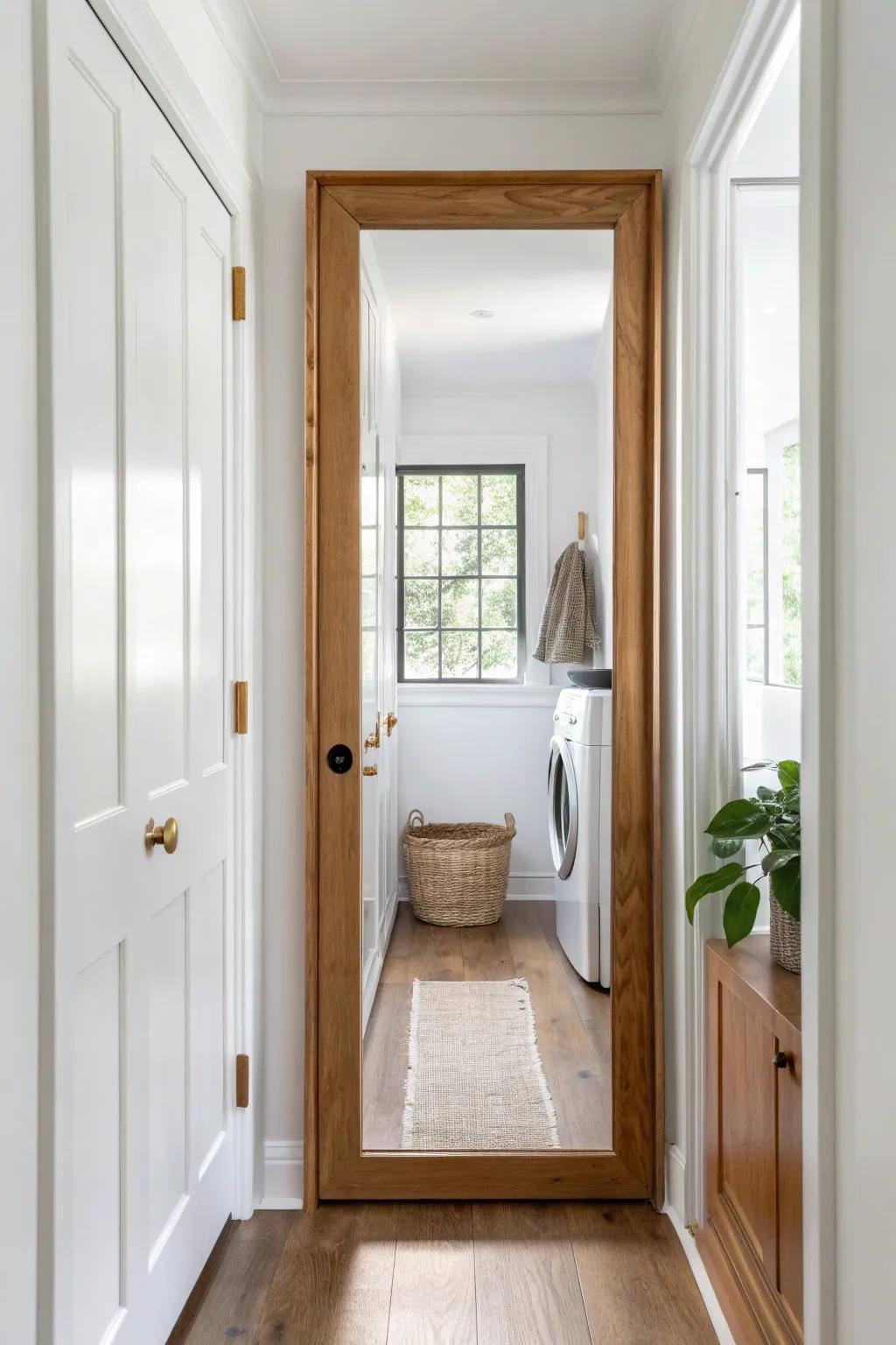 A full-height mirrored laundry door that bounces light and makes a narrow hallway feel twice as wide.