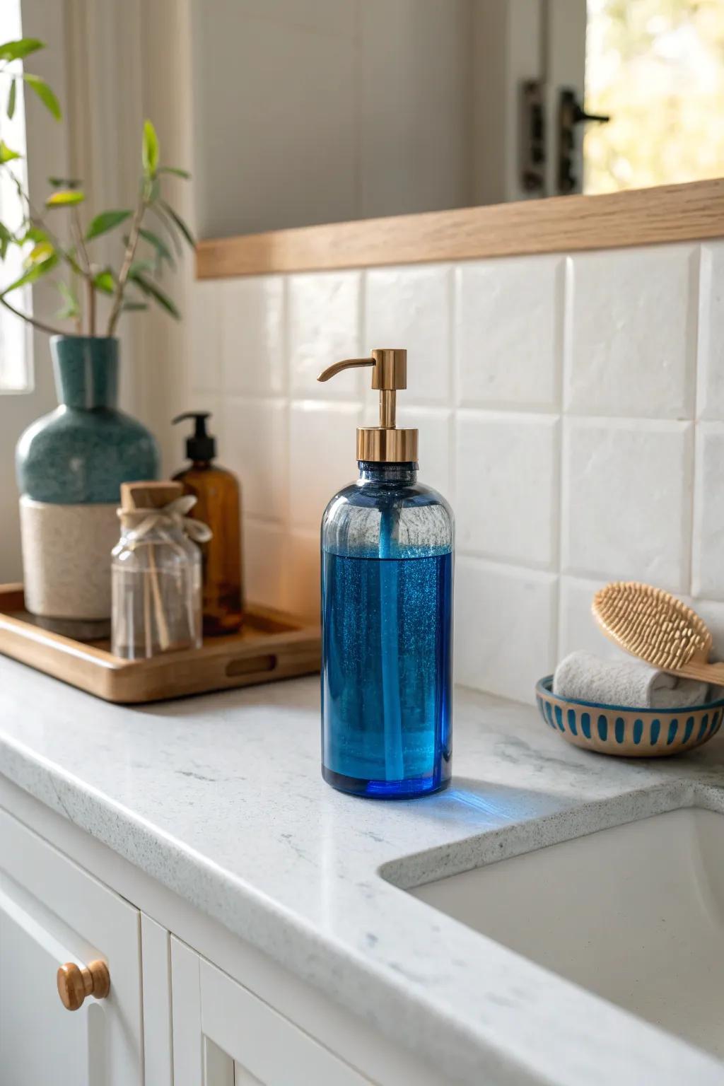 A chic dispenser makes liquid detergent easy to pour—no heavy bottles, no sticky mess.