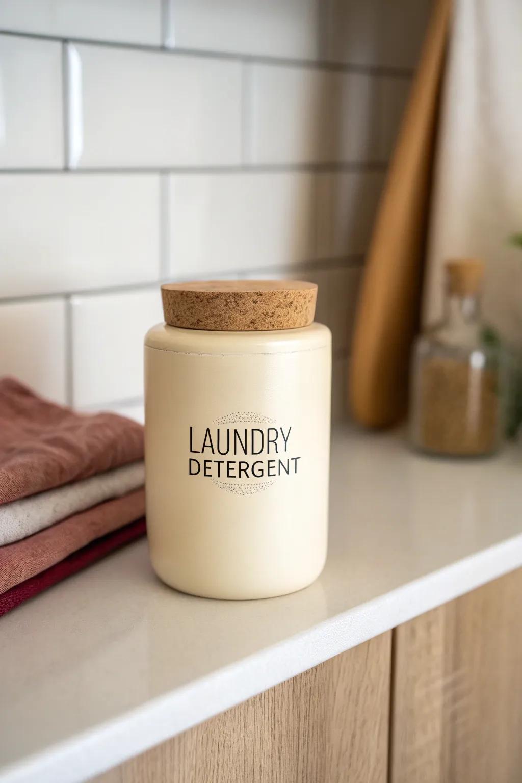 A single labeled canister keeps kitchen-laundry supplies calm, cohesive, and clutter-free.