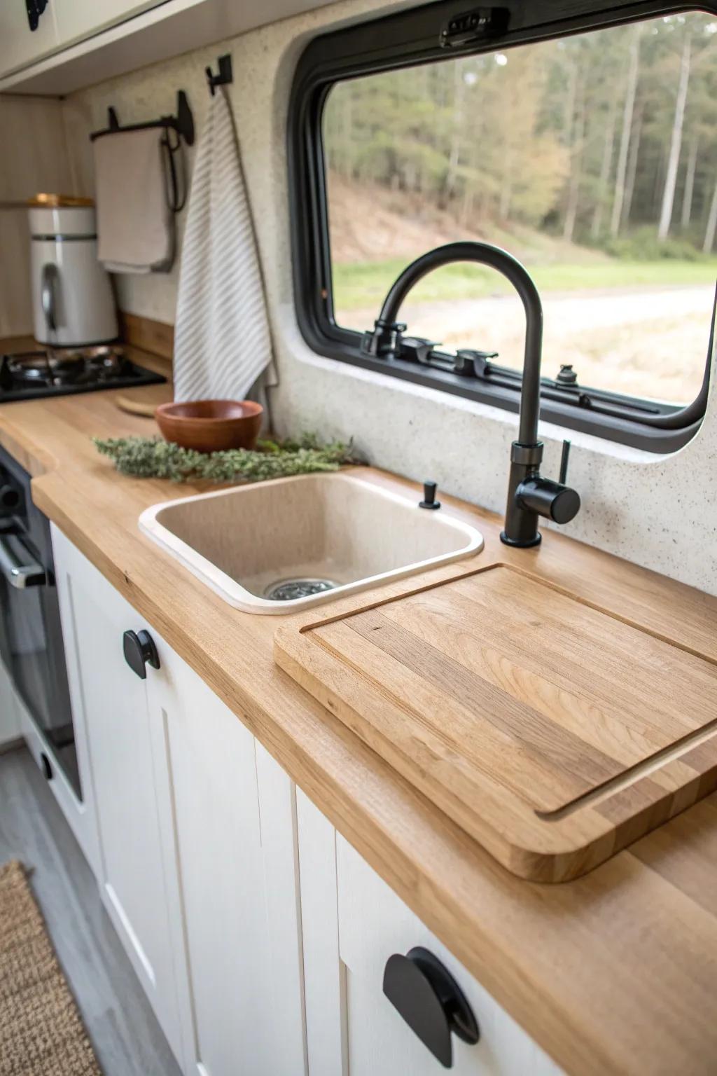 Sink cover cutting board = instant counter space for tiny camper van meal prep.