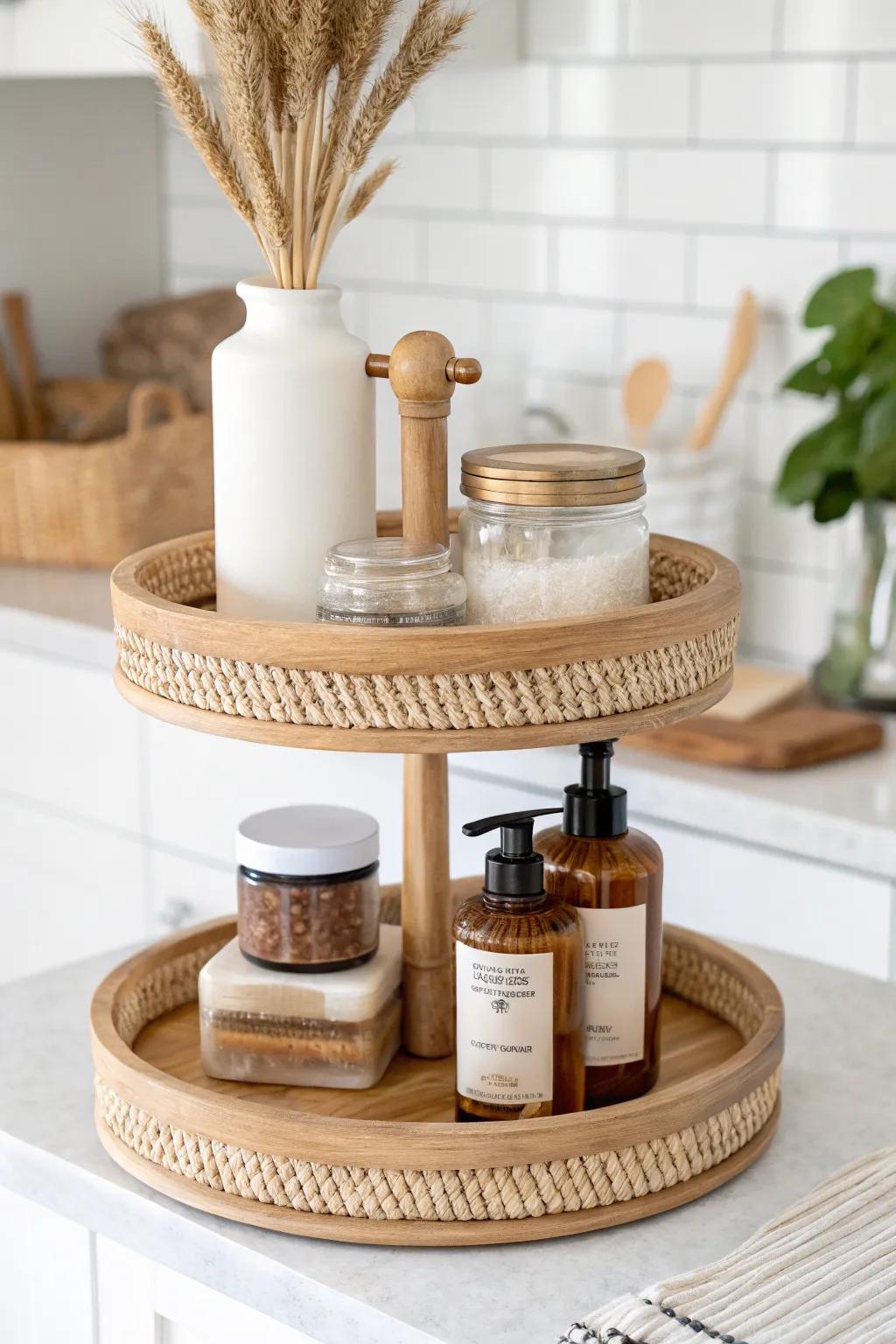 Tiered lazy susan height hack: more style and storage on a slim counter, zero clutter.