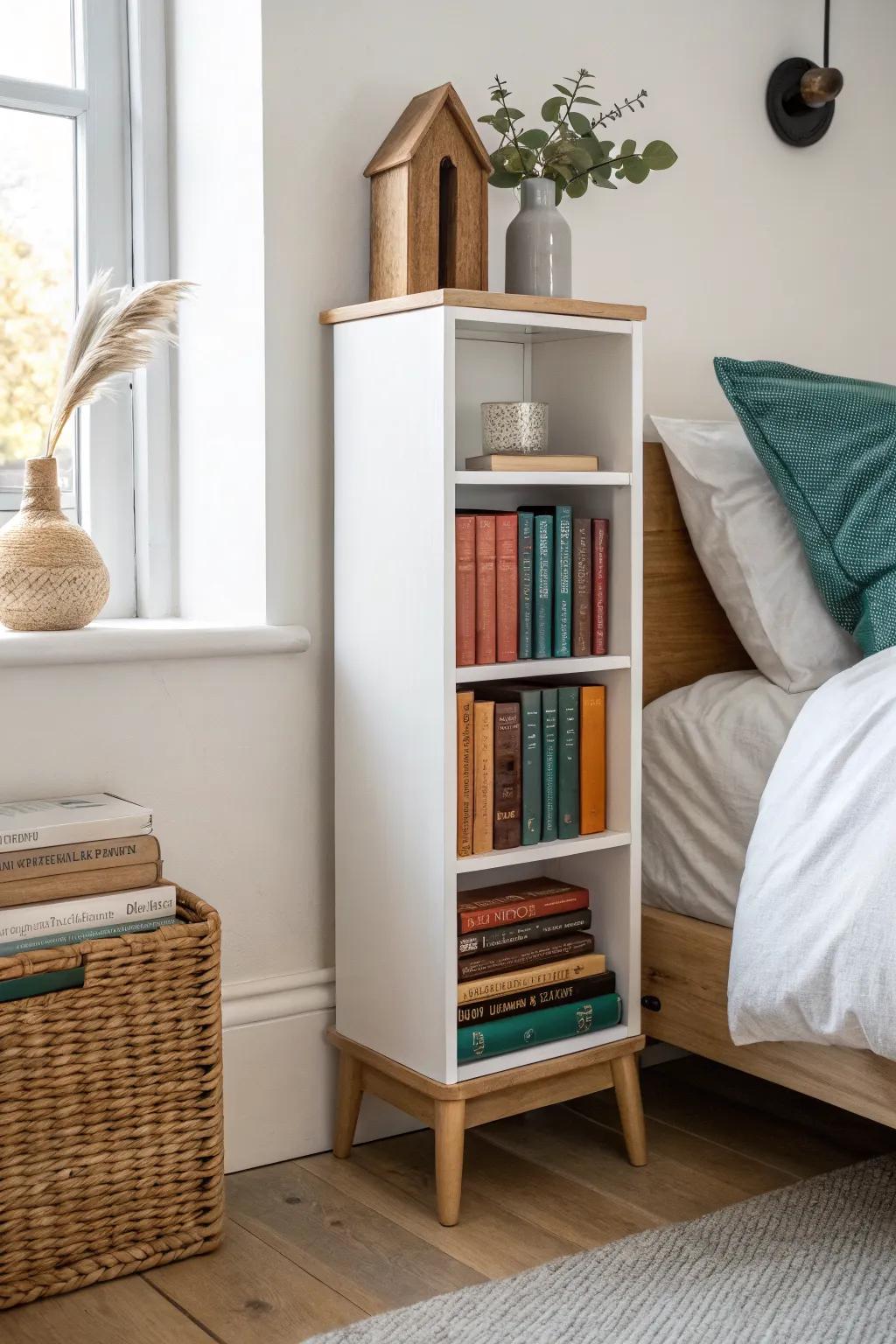 A slim bedside bookcase keeps your to-read stack tidy—instant library nook in a tiny bedroom.