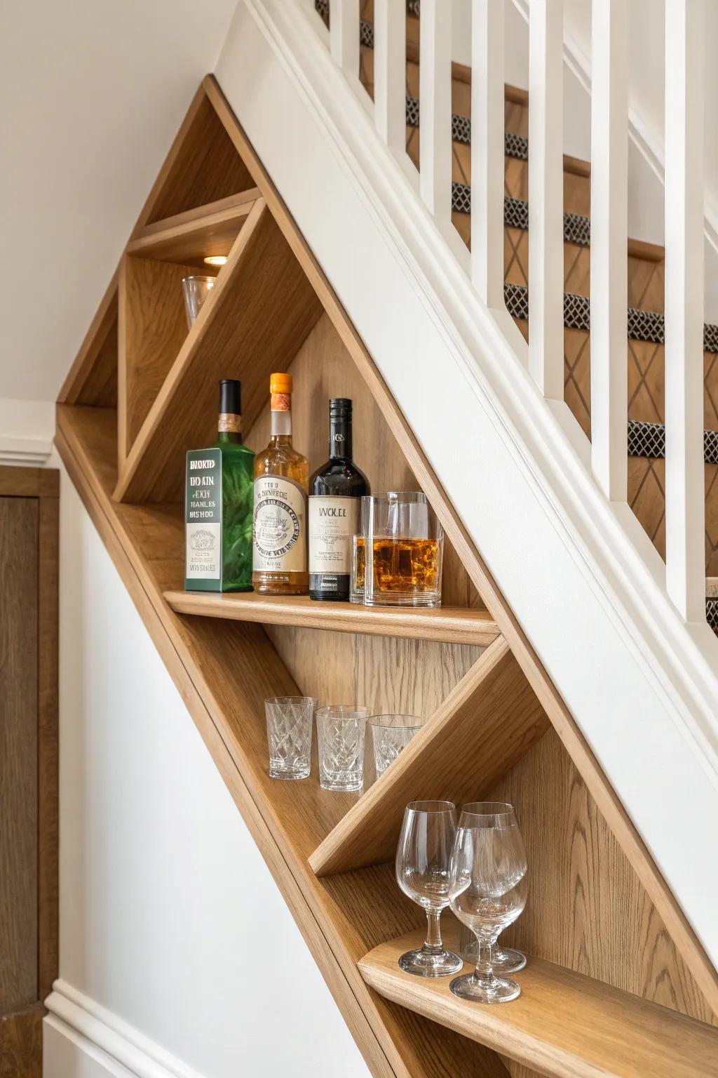 Stepped under-stairs liquor shelf that makes tricky angles feel custom and beautifully intentional.