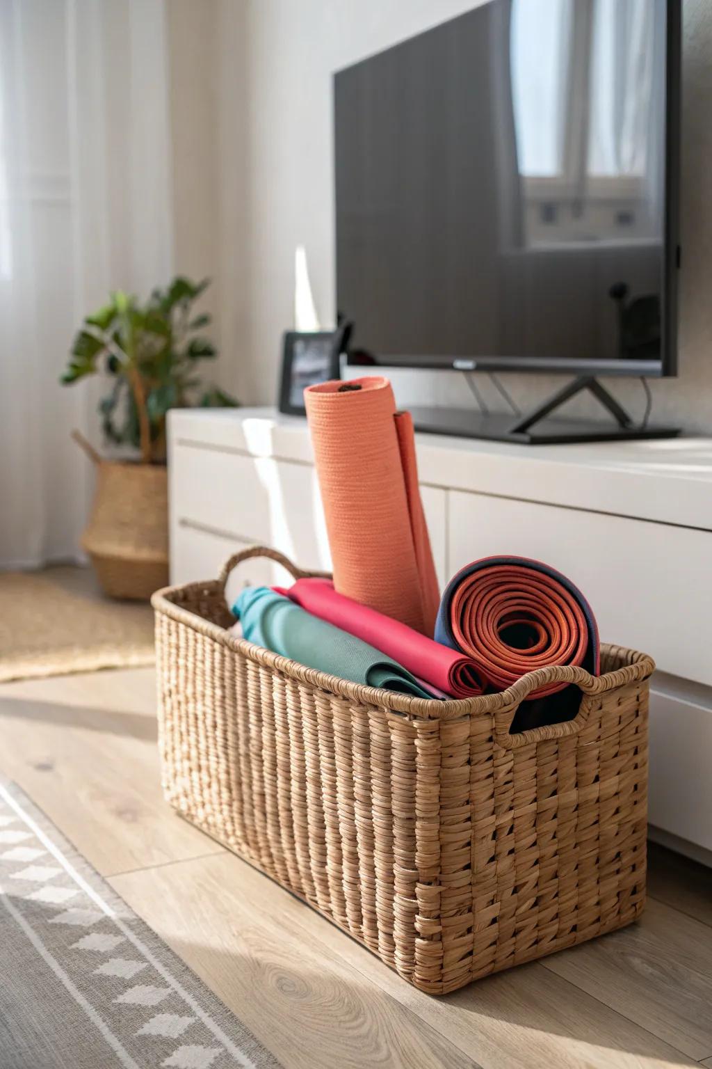 A slim basket by the TV makes your workout wall a two‑minute setup—then it disappears.