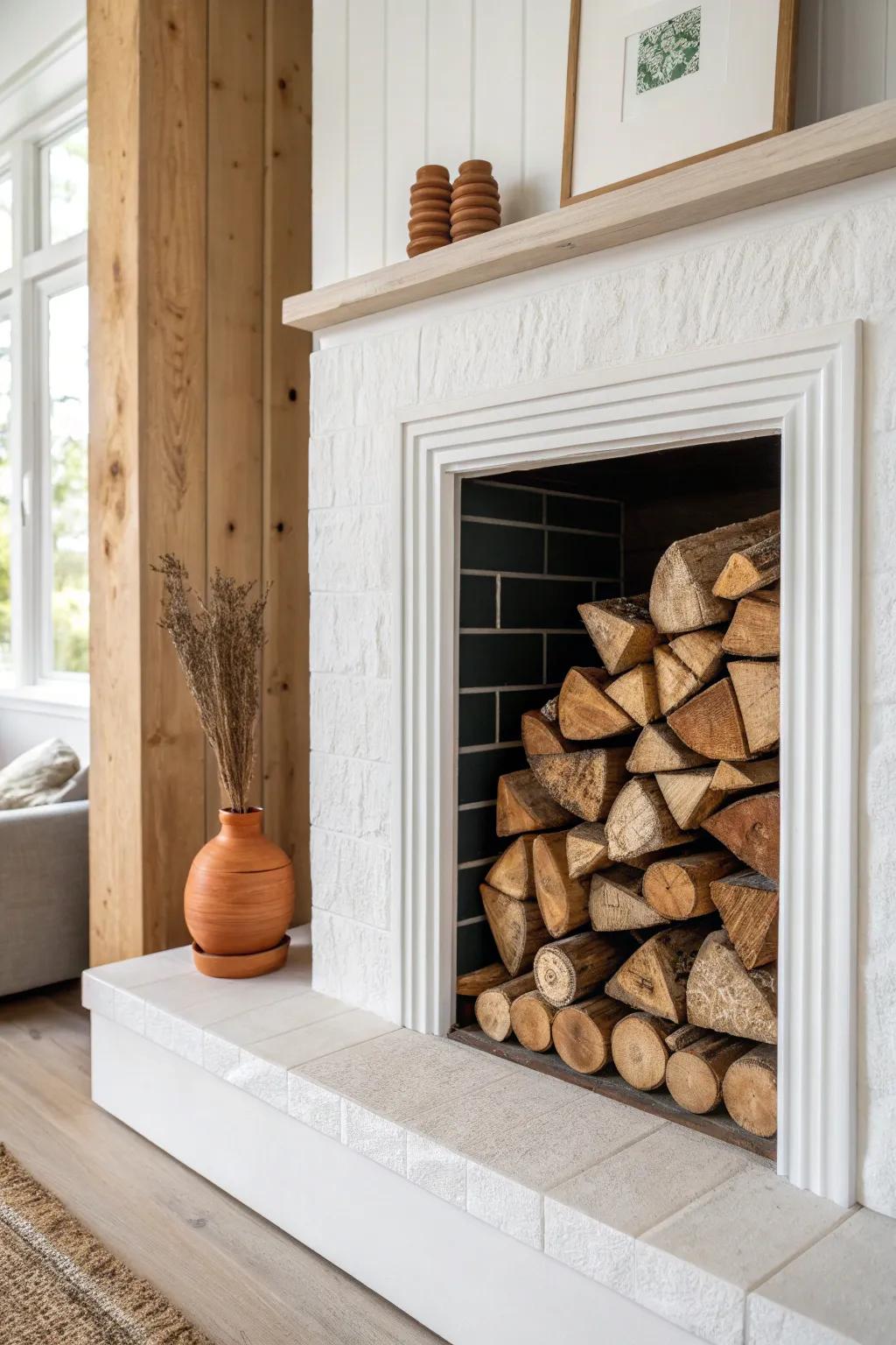 A tidy firewood niche adds cozy texture beside the fireplace—minimal, warm, and practical.