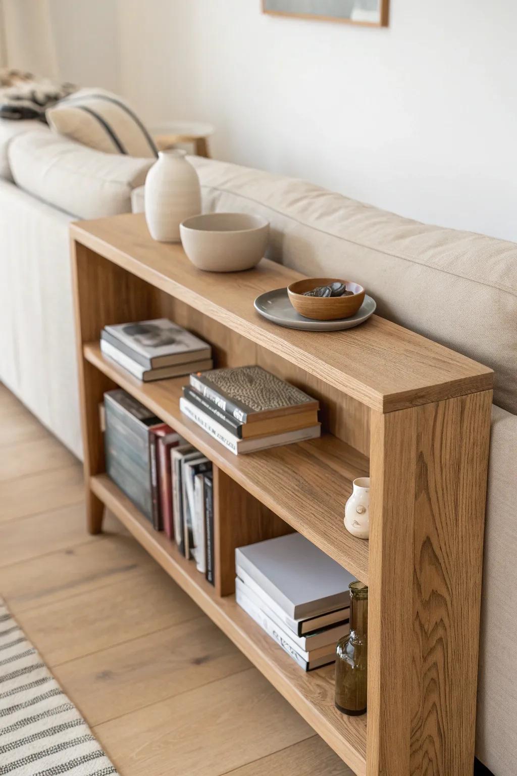 Turn the gap behind your sofa into a slim storage ledge for books, charging, and drop zone.