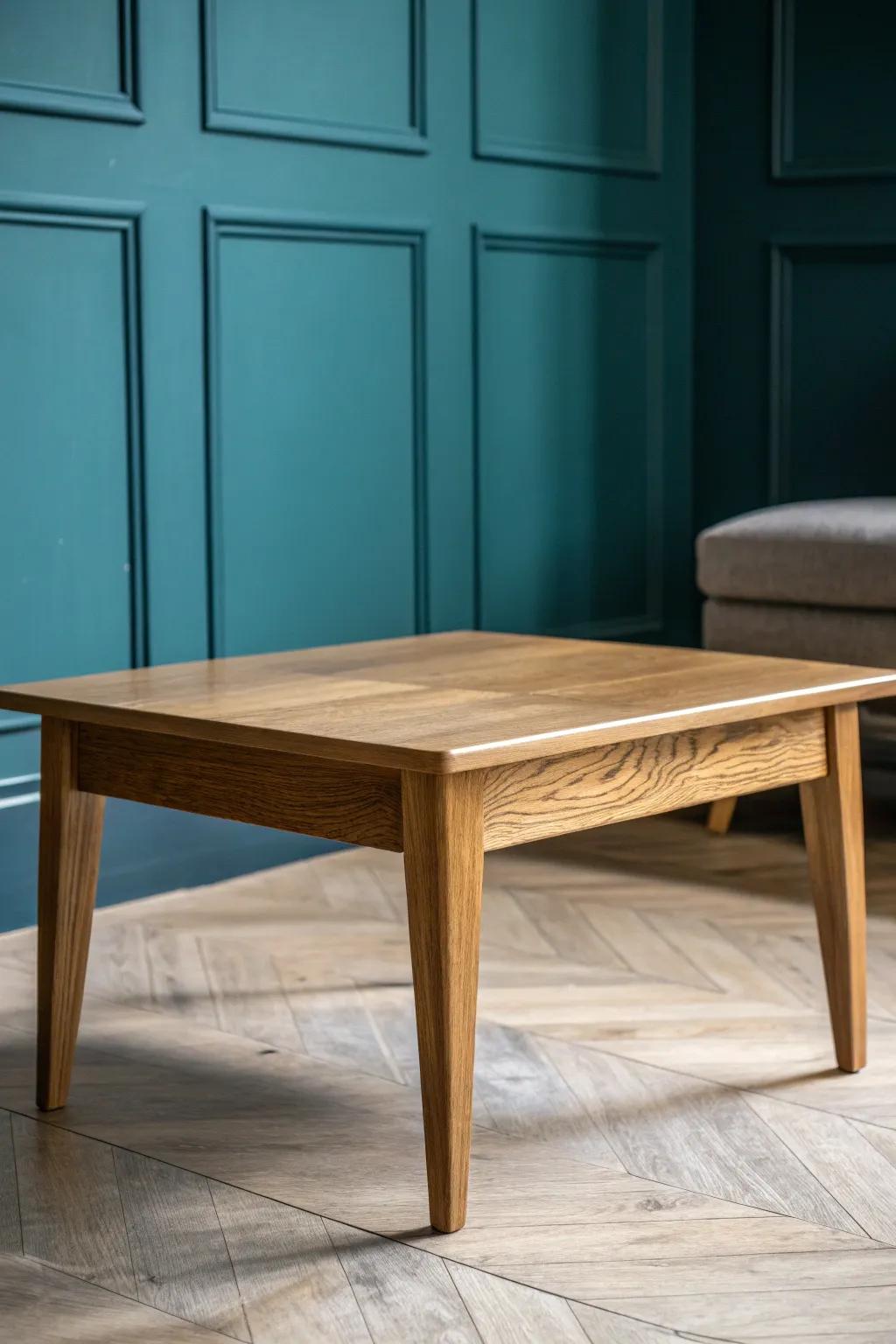 Deep teal walls make warm wood coffee tables look luxe—bold, classic, and small-space friendly.