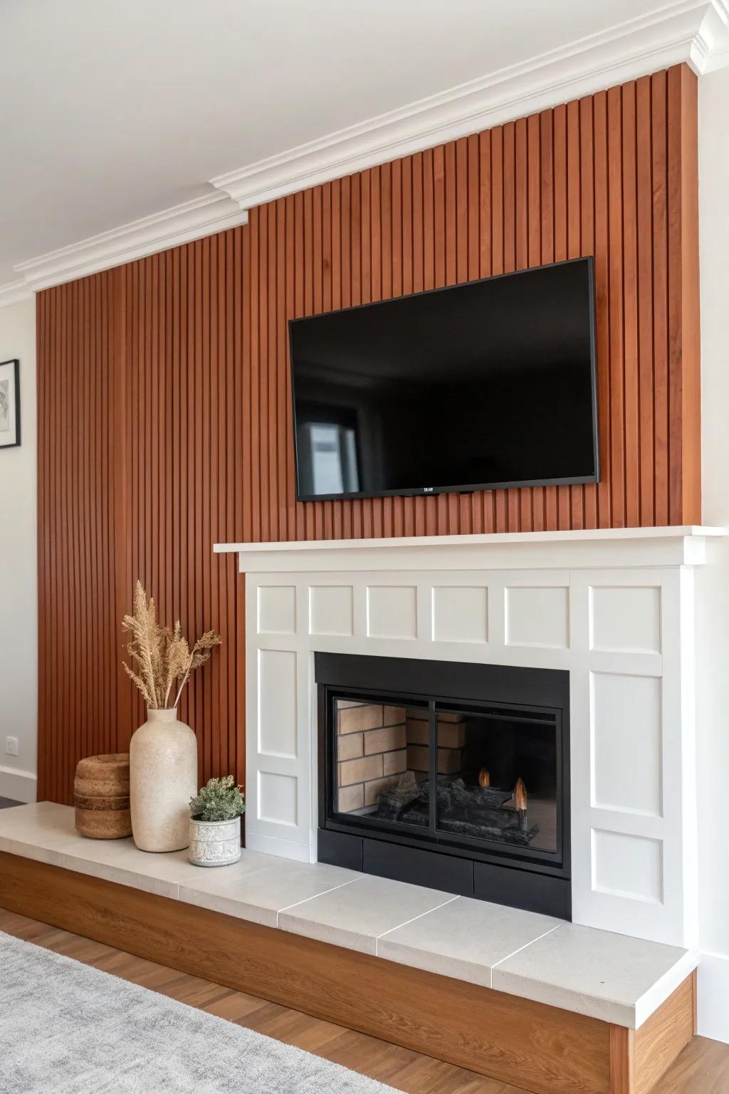 Vertical paneling turns a TV-over-fireplace into a custom focal wall—texture with calm contrast.