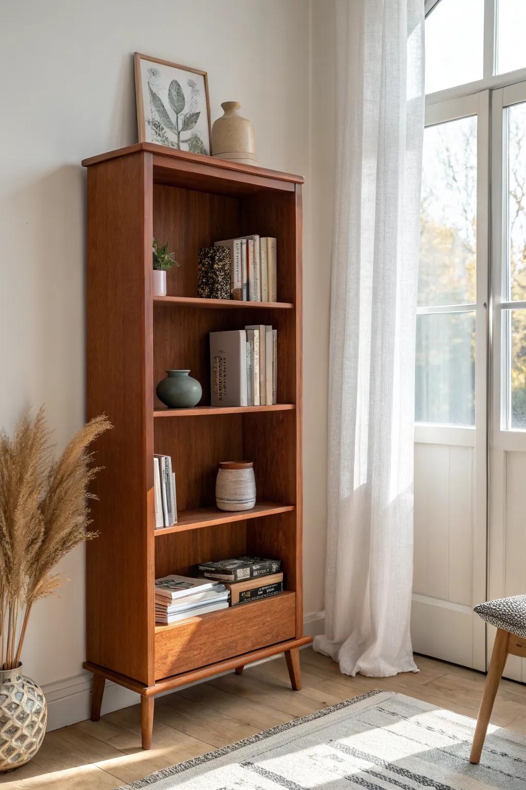 Paint shelf backs for cozy depth—books and decor pop instantly without committing to a dark wall.