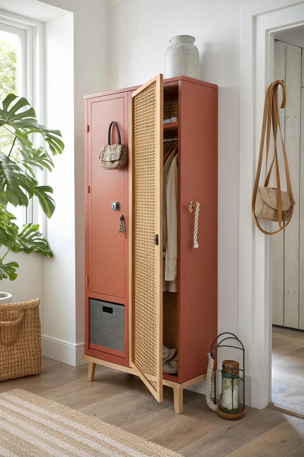 A chic pet station locker keeps leashes, treats, and wipes tidy right by the door.