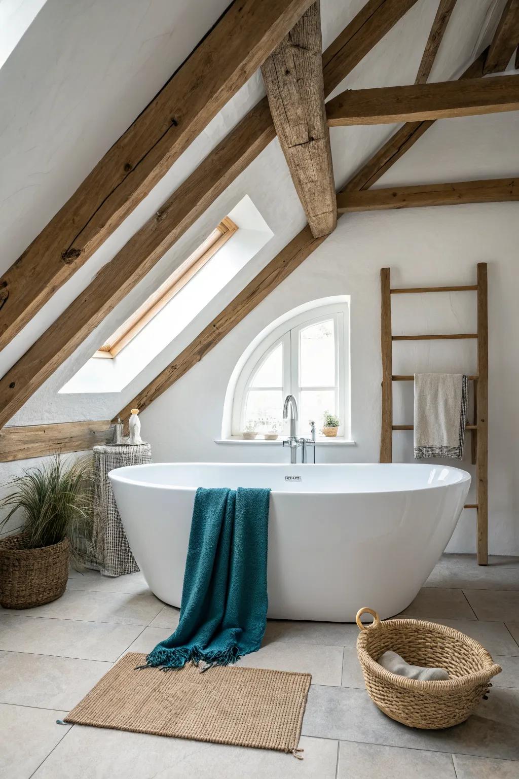 Let exposed beams warm up a bright loft bath—pair them with a crisp tub for spa-like contrast.