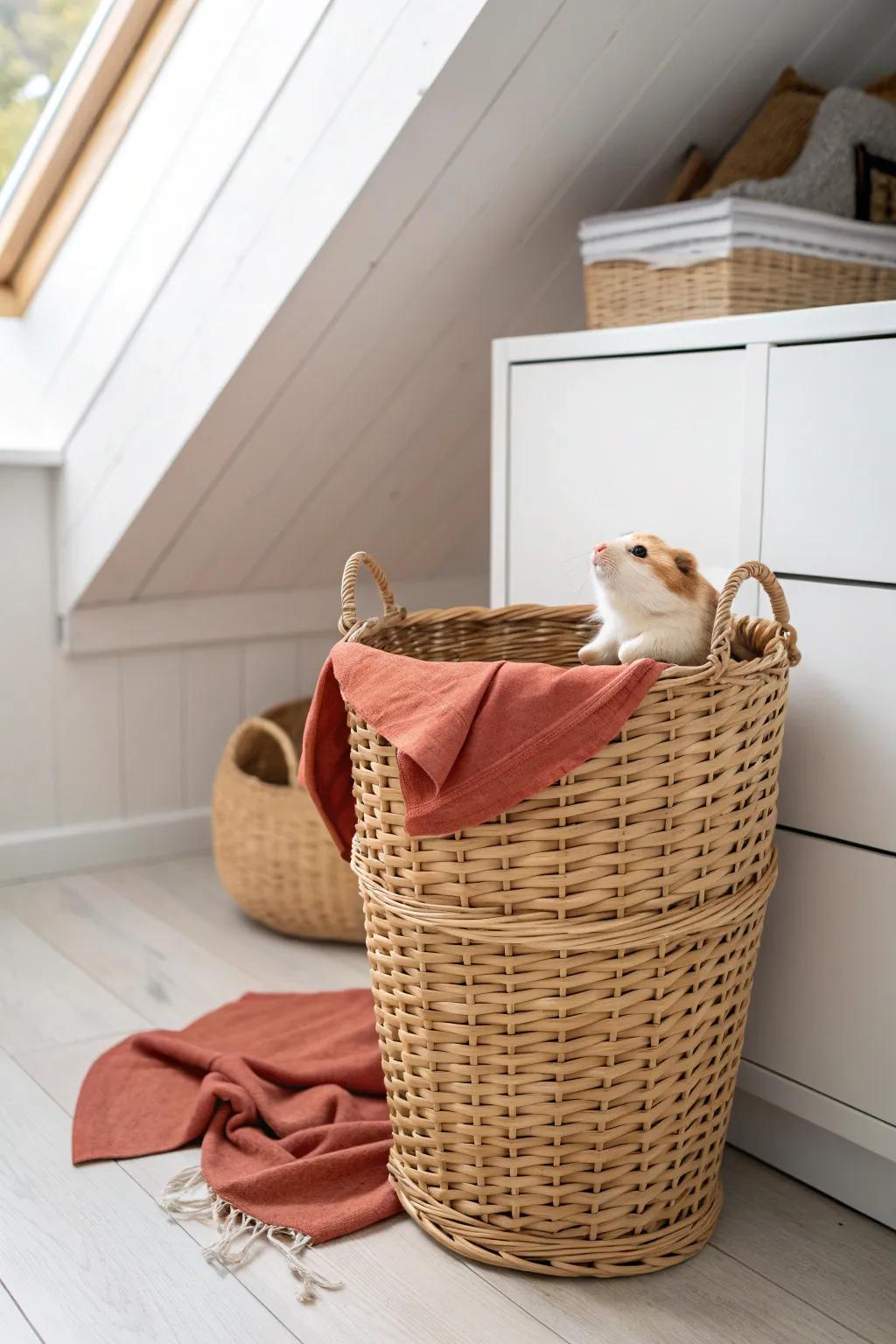 Tuck a chic woven hamper into the lowest eaves to keep your loft bedroom effortlessly calm.