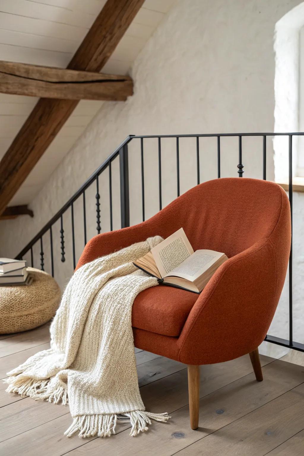Build a cozy loft reading nook with a bold statement chair, soft knits, and golden light.