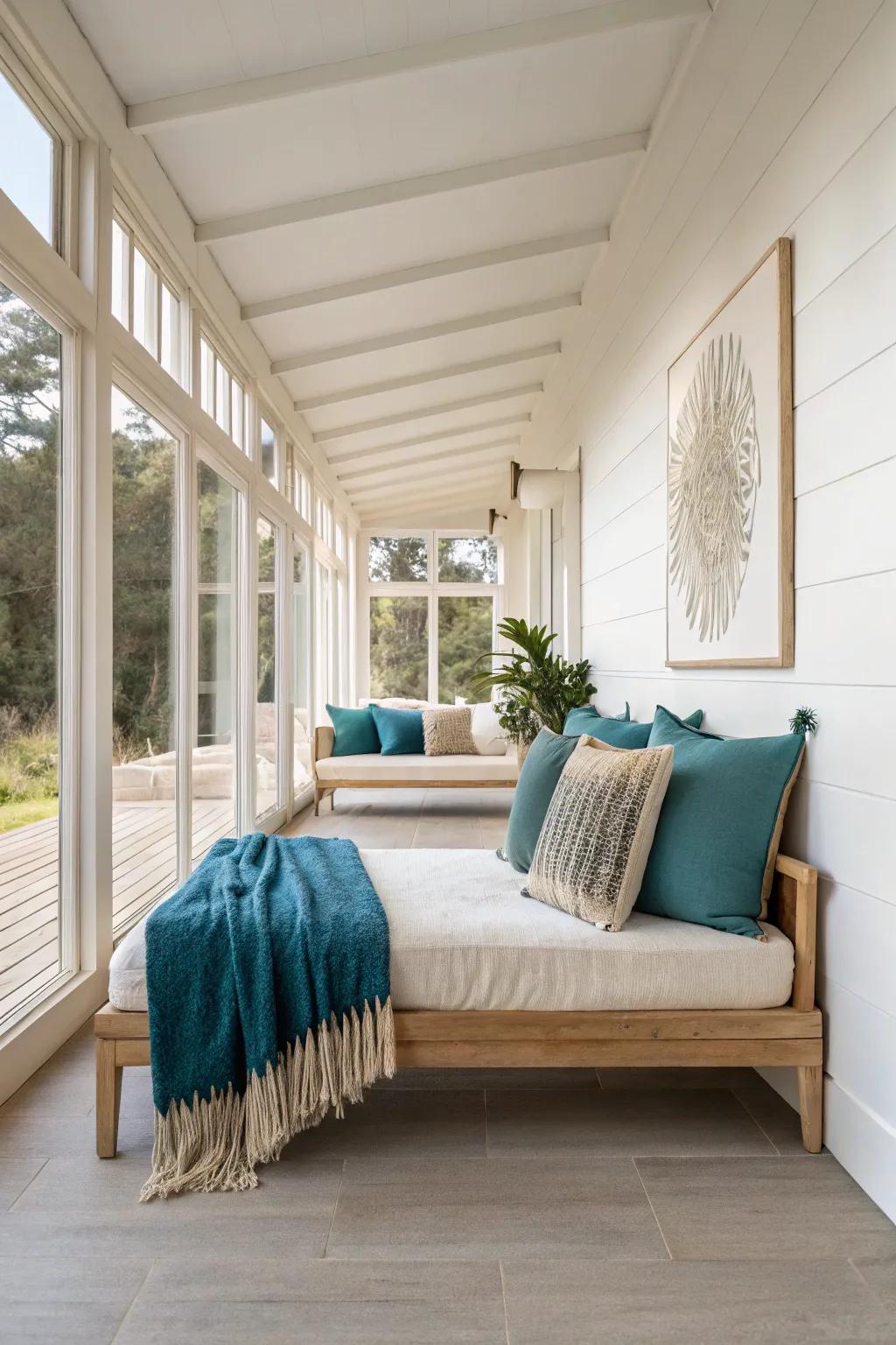 A daybed nook at the sunroom’s end makes a long, narrow space feel like a dreamy retreat.