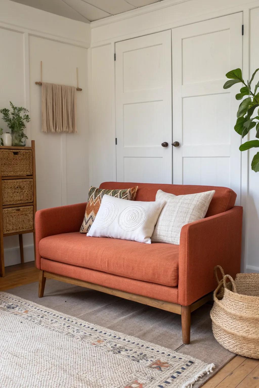 Use a bold loveseat as a soft divider so your desk faces calm, not your bed, in a small bedroom.