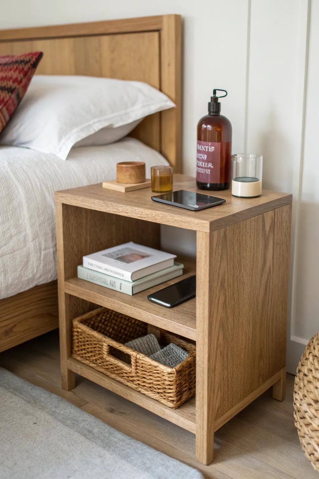 Swap your nightstand for a low bookshelf—more storage, same calm minimalist vibe.