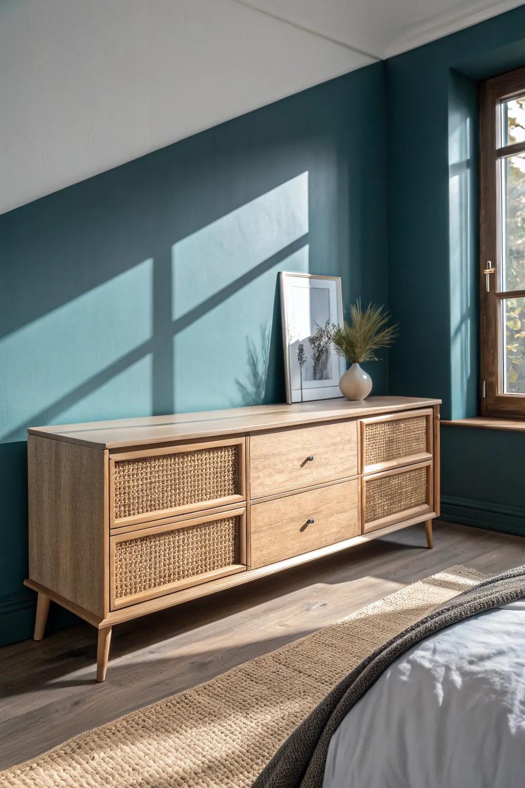 Long, low dresser = instant breathing room, making a low-ceiling bedroom feel wider and calmer.