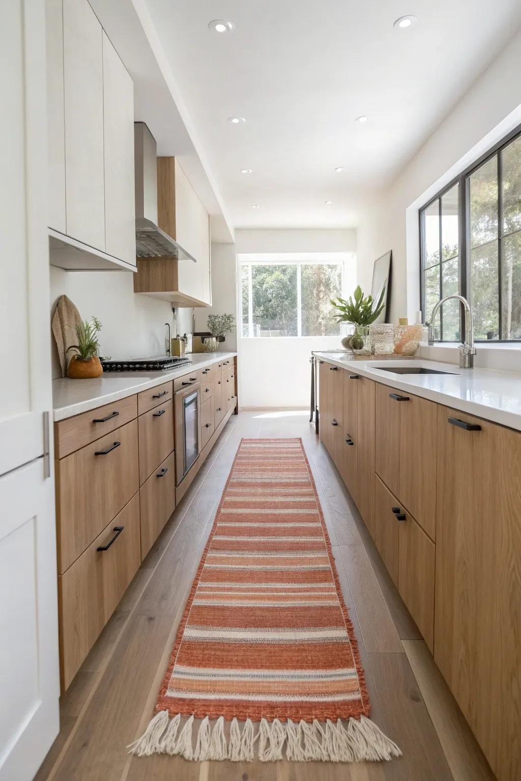 A bold runner guides the eye through a low-ceiling galley—keep counters clear for easy flow.