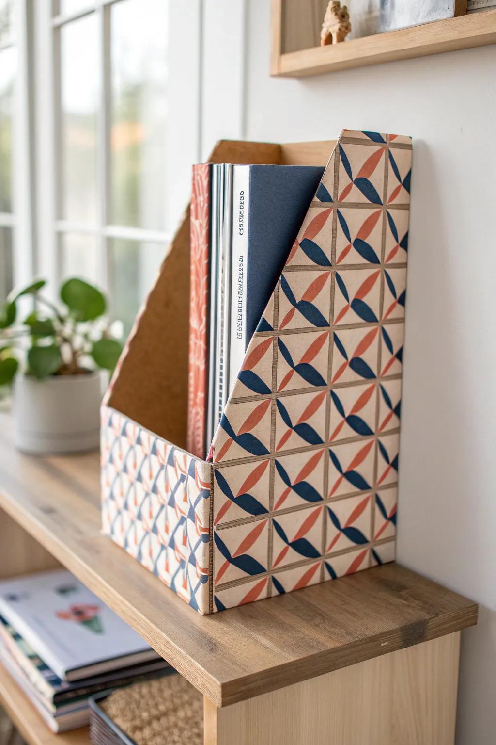 Wallpaper-wrapped cardboard magazine file—renters’ hack for a custom, designer shelf look.