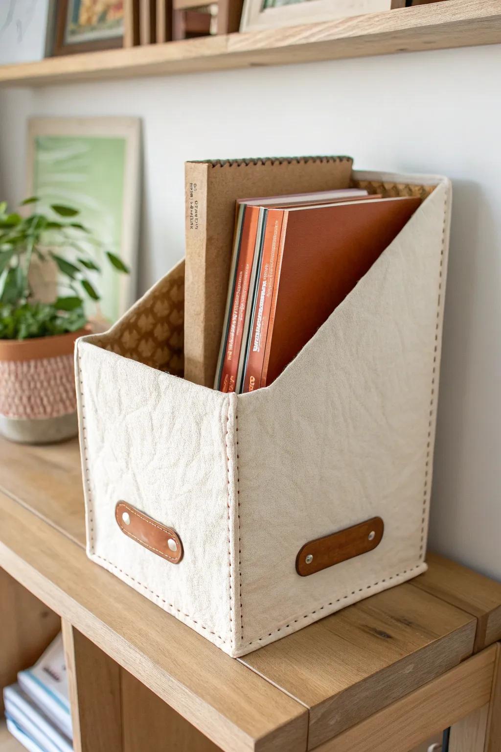 Upcycled box magazine holder—minimal, handmade, and beautifully organized in seconds.