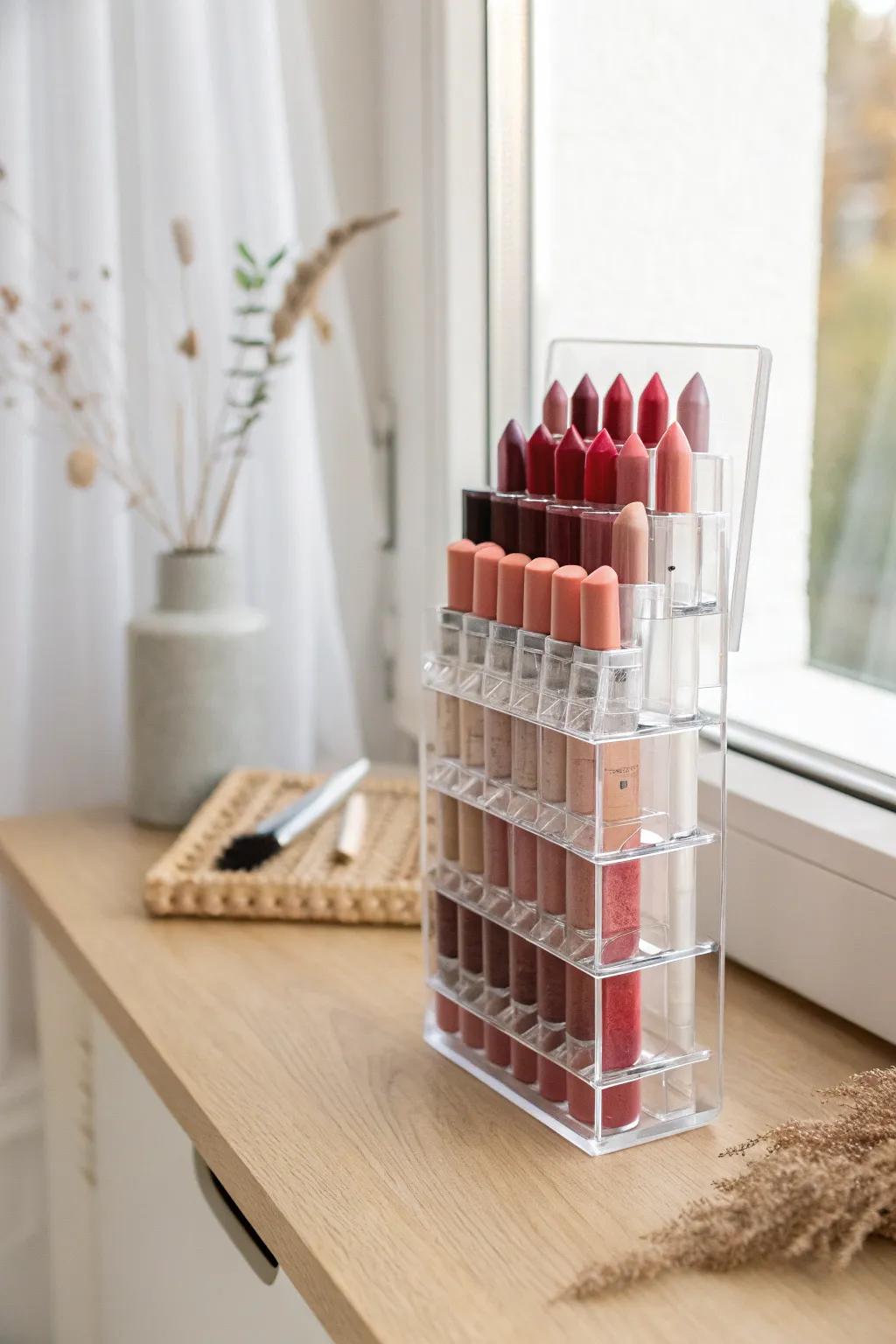 Vertical lipstick risers keep every shade visible—no more lost lipsticks in the back of a drawer.