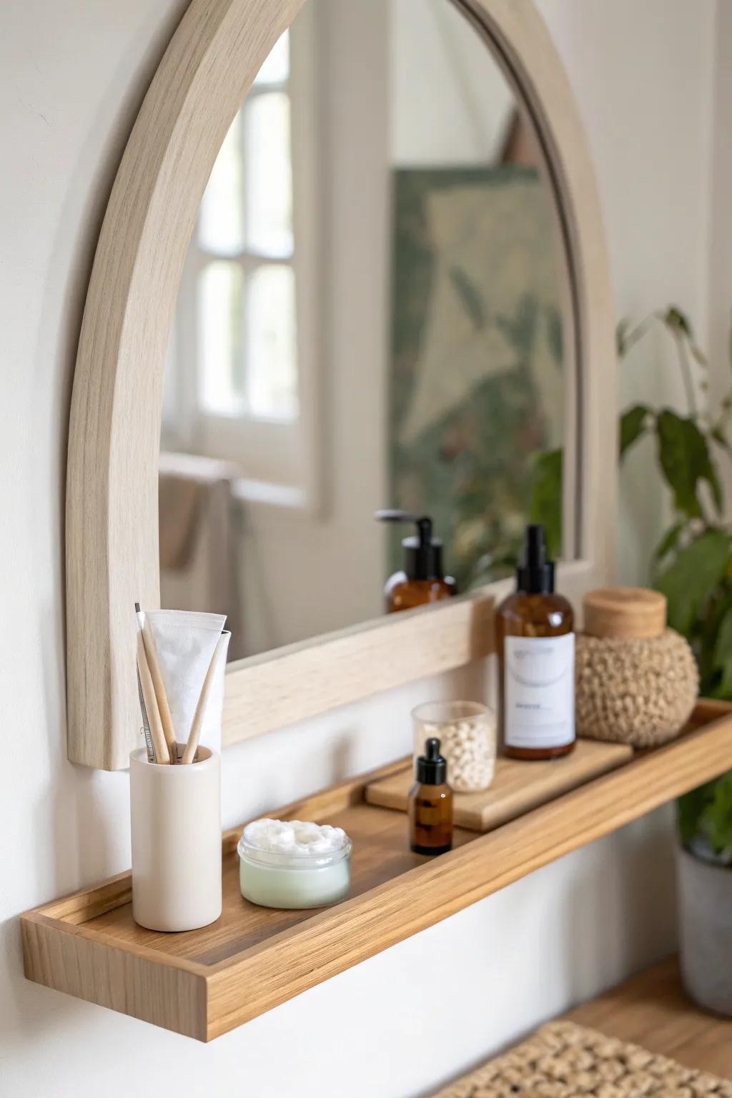 Mount a slim floating shelf to lift light essentials off the vanity and keep the surface clear.