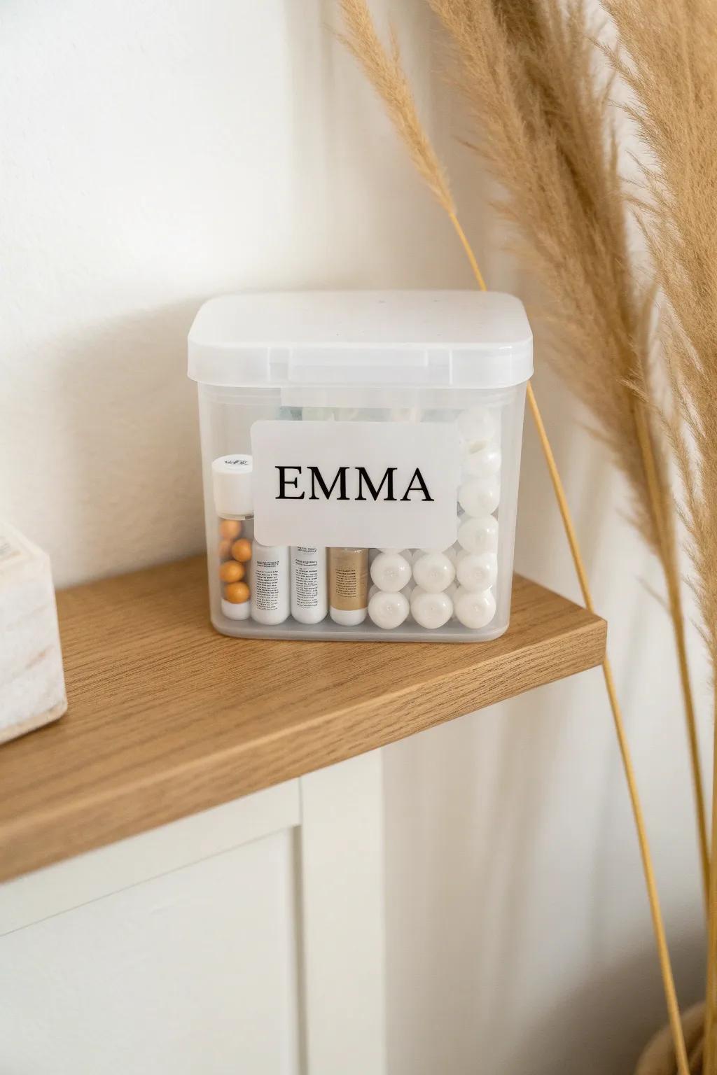 Assign one labeled bin per person to prevent mix-ups and save space in small cabinets.