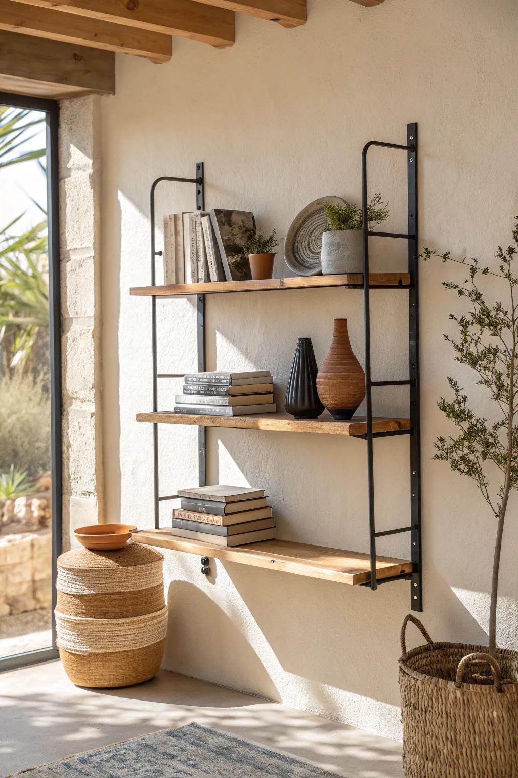 Open shelving done right: a tight edit, bold textures, and enough breathing room to shine.