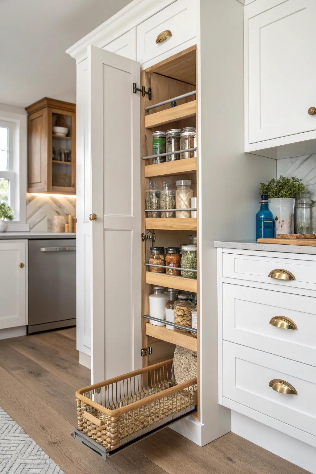 Slim pull‑out pantry turns a tiny gap into organized storage—see everything in one slide.