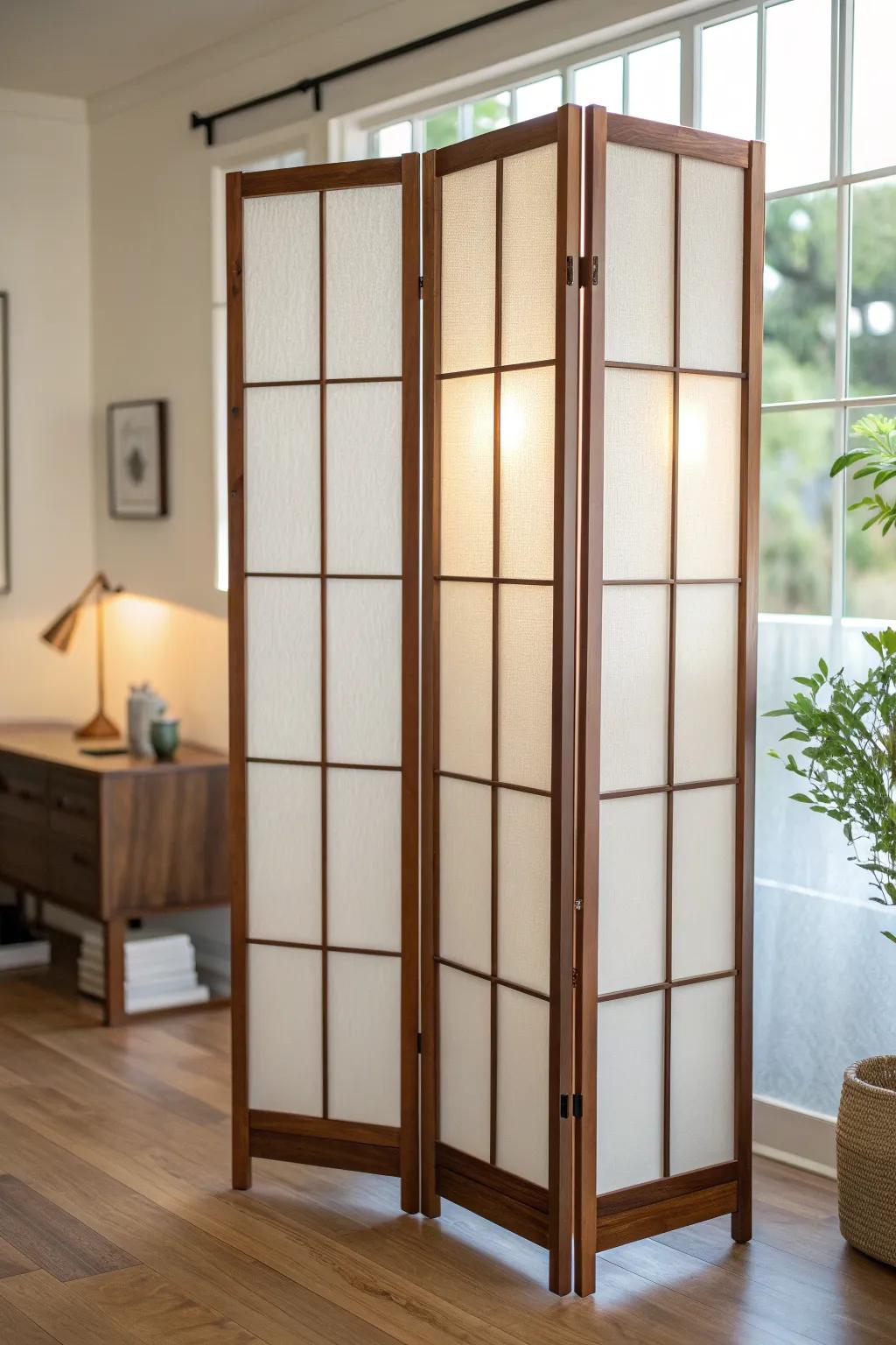 Walnut + frosted acrylic divider: mid-century privacy that keeps small spaces bright.
