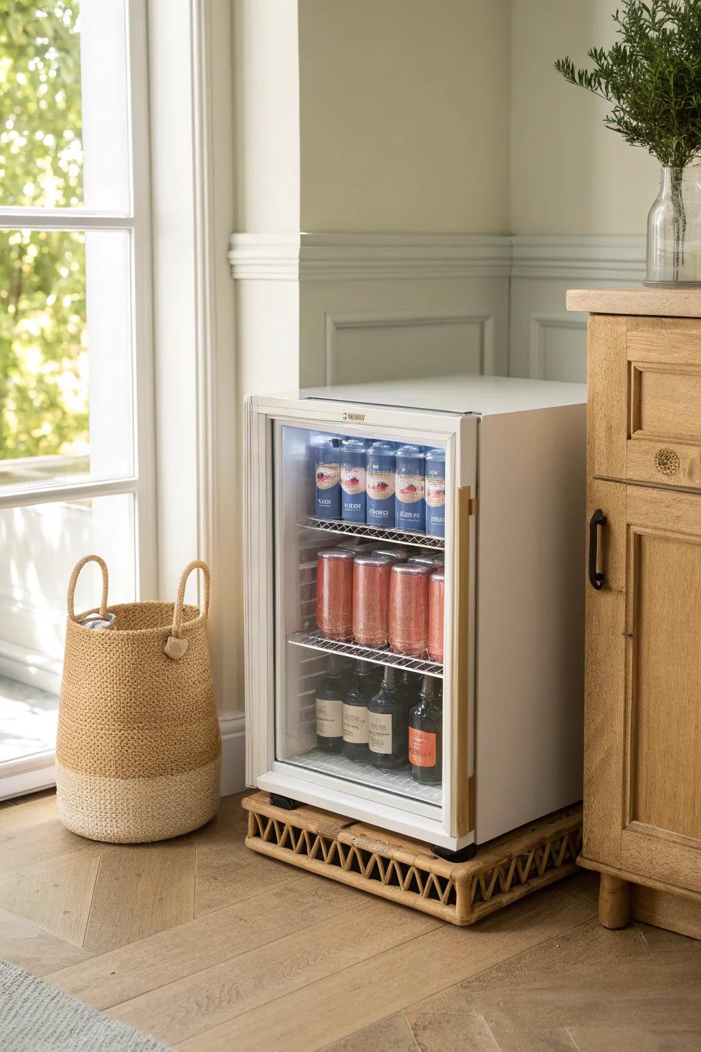 A sleek mini beverage cooler that instantly defines a chic, small-space bar corner.