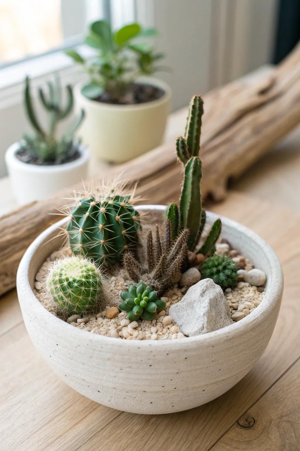 Driftwood adds warmth and texture, turning a tiny cactus bowl into a mini desert landscape.