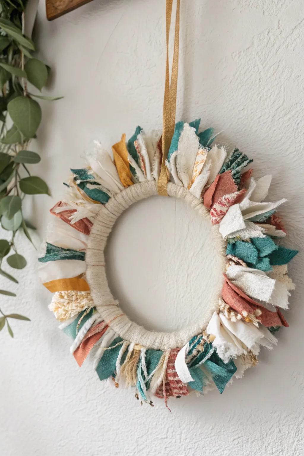 Turn leftover fabric into a fluffy mini wreath—minimal, boho, and beautifully textured.
