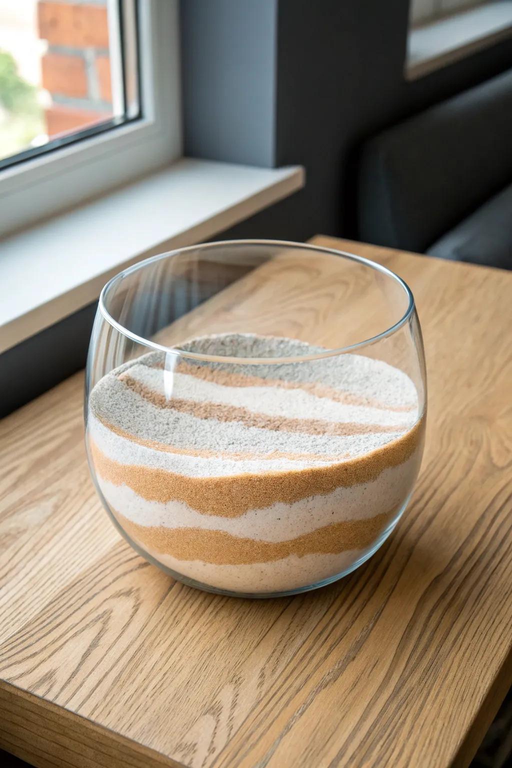 DIY mini zen garden: a clear glass bowl with layered sands for calm, expensive-looking decor.