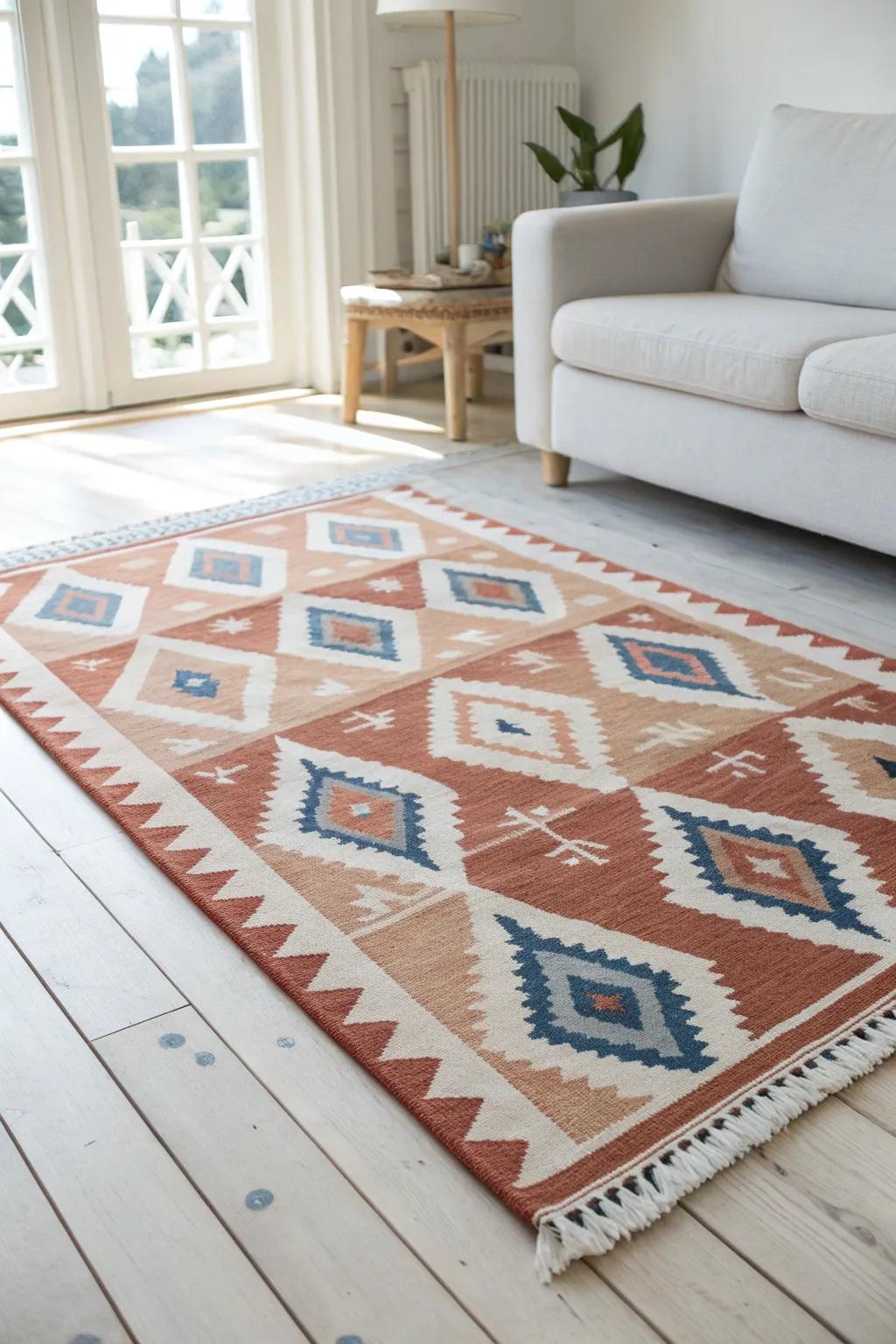 One statement rug defines your living zone—minimal, airy, and beautifully open-plan.