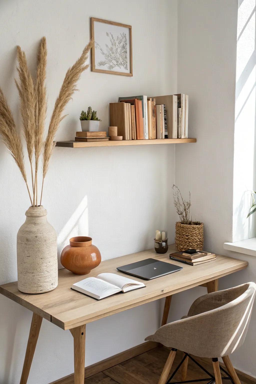 Go vertical: a floating shelf clears your desktop while keeping books and decor beautifully styled.