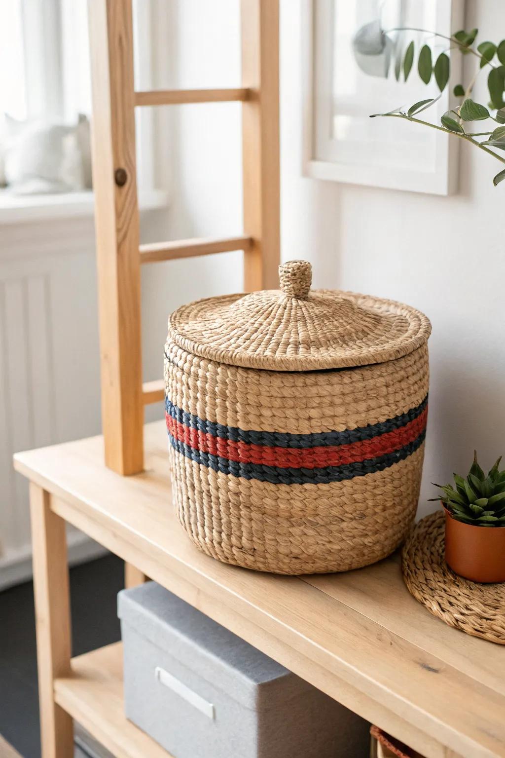 One matching lidded basket instantly hides dorm clutter and keeps a minimalist look.