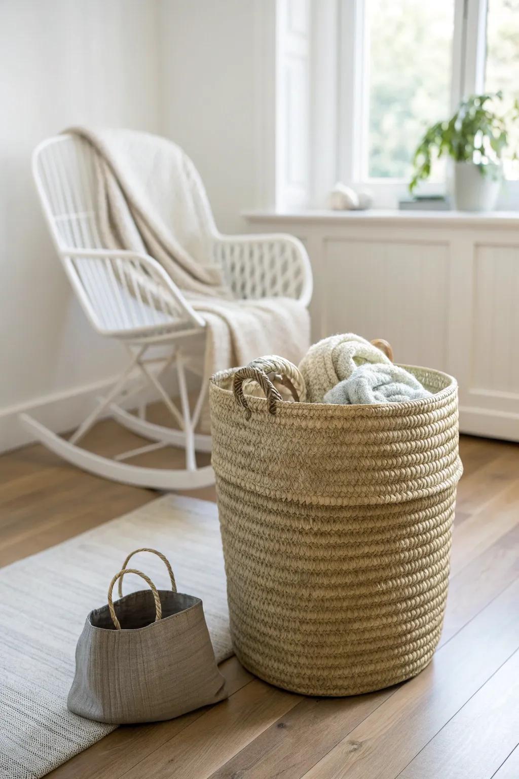 One tall woven basket keeps swaddles and blankets tidy—minimal, cozy, always within reach.