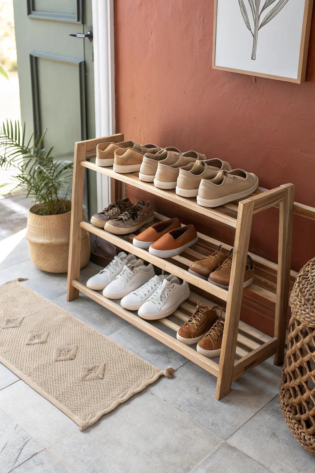 A single clean shoe row turns your closet floor into calm, spacious minimalist magic.